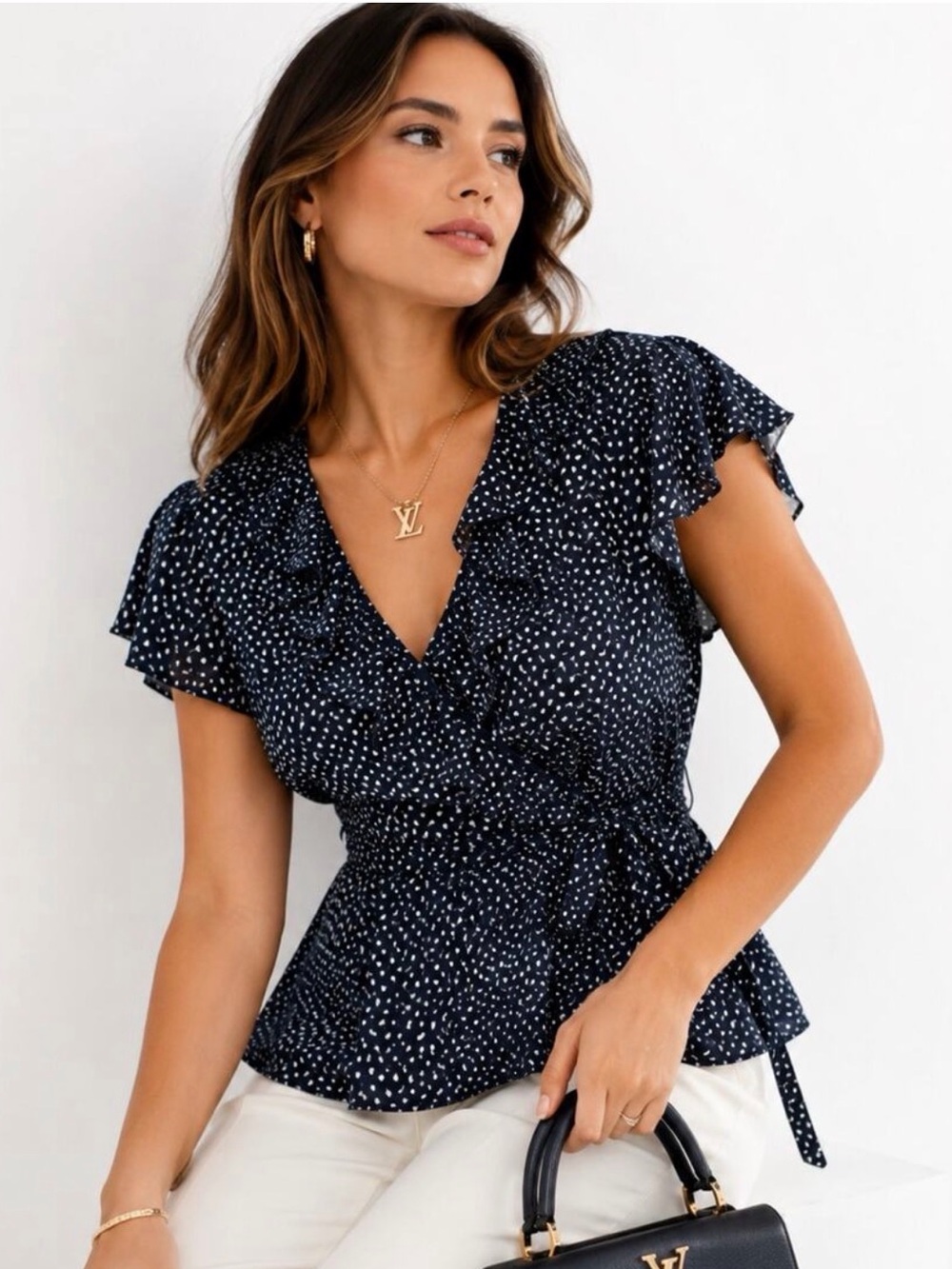 Banana Republic Navy Printed Ruffle Wrap Top